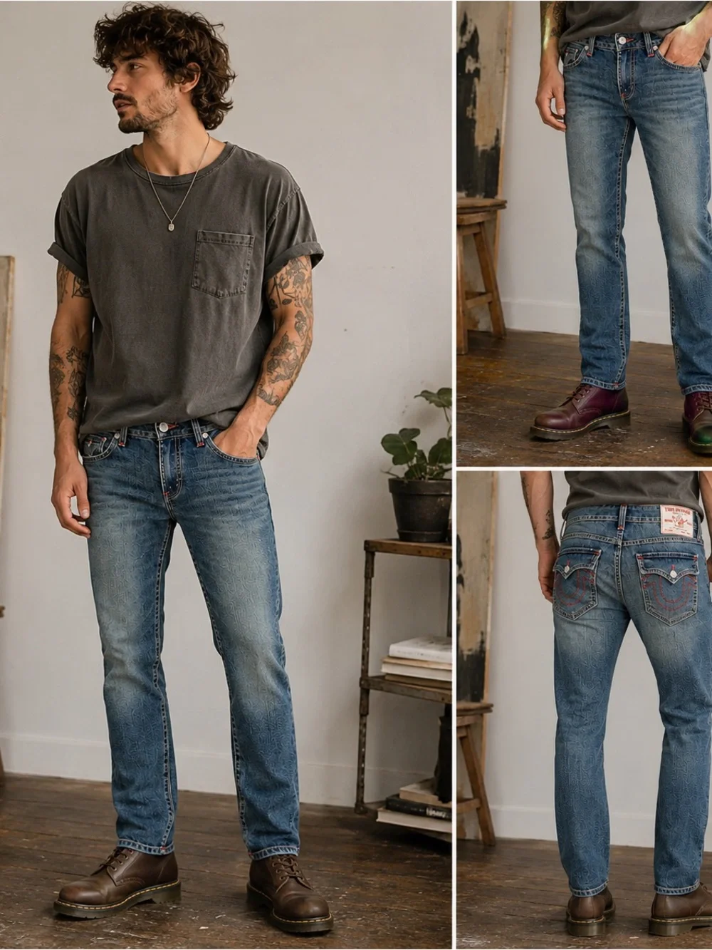 True Religion Geno Big T Flap Slim Jeans Men's 32X32 Medium Wash Red Stitch NWT